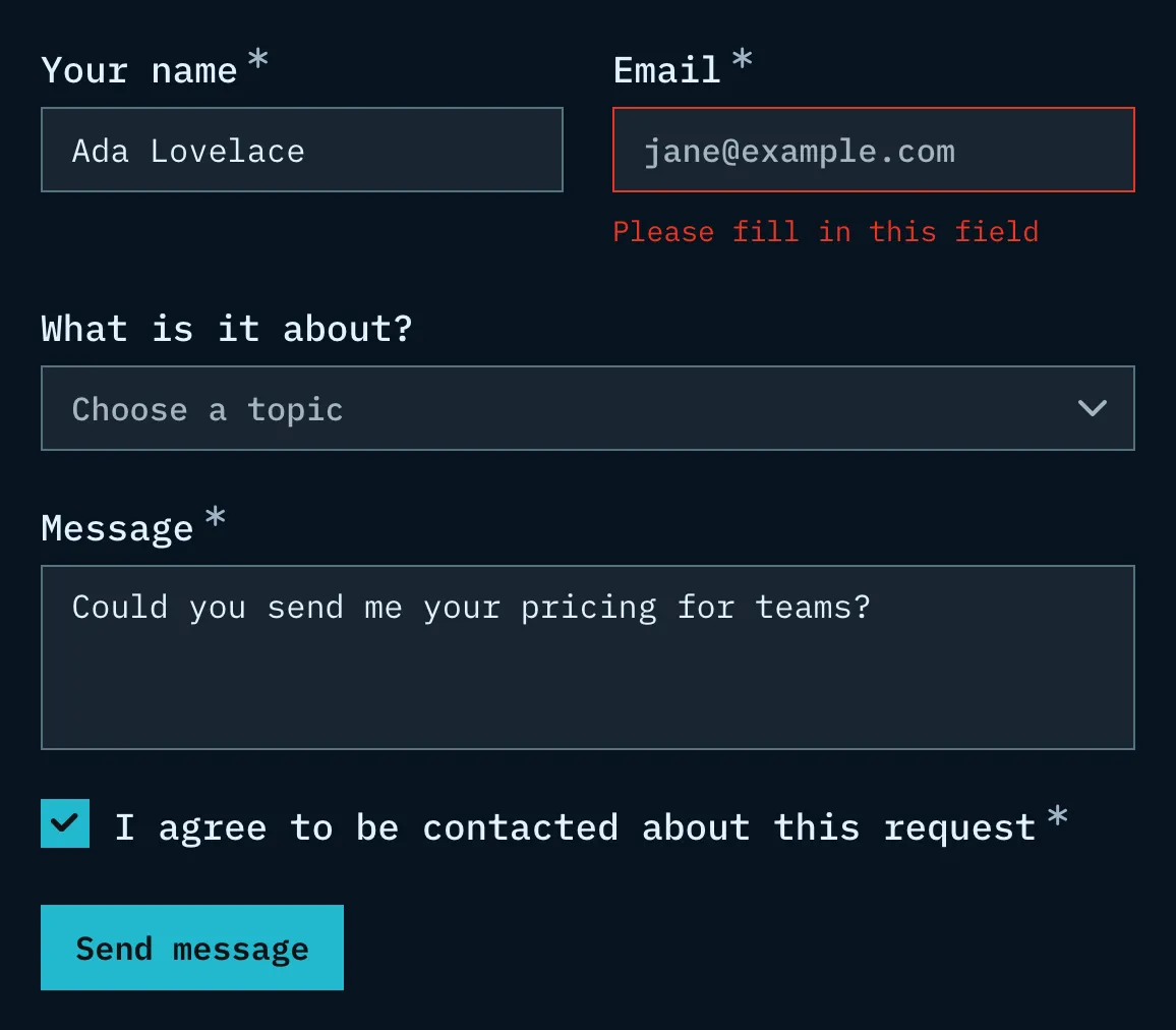 A dark themed form with an email field marked in red and a message below it