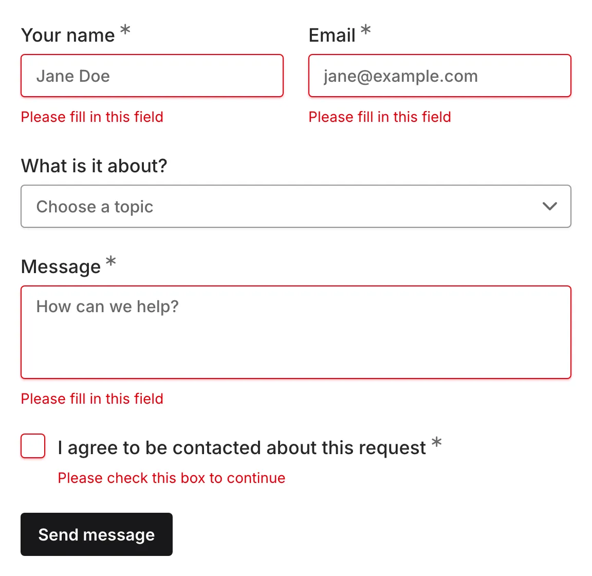 A contact form with every required field marked in red and a message under each one