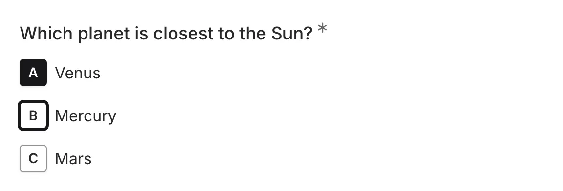 A multiple choice question where the second option has a keyboard focus outline