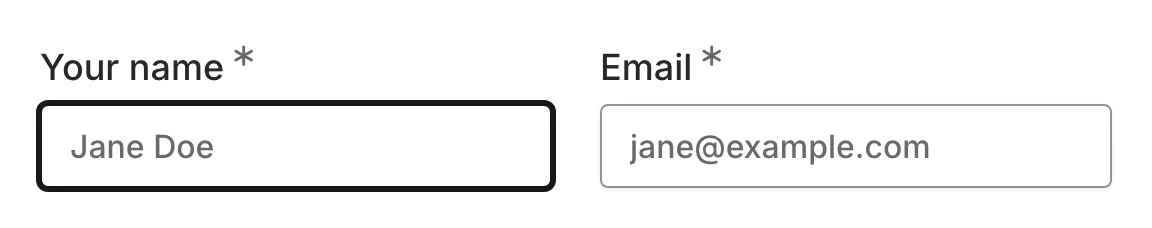 A focused name field with a thick dark outline next to an unfocused email field