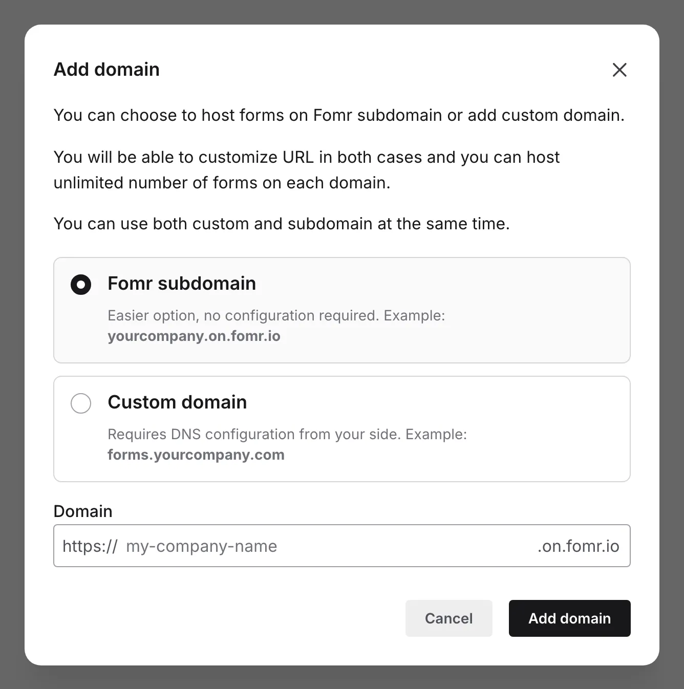 The Add domain dialog with Custom domain selected