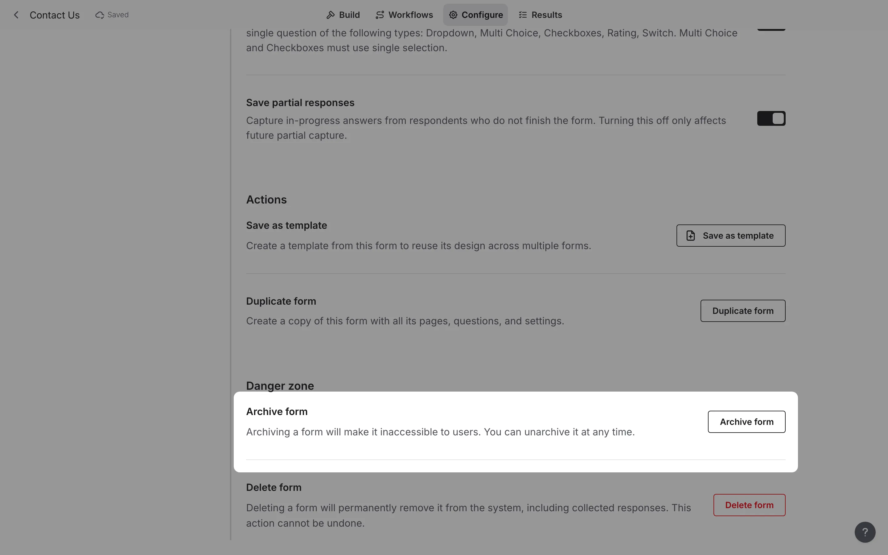 The archive button in form settings