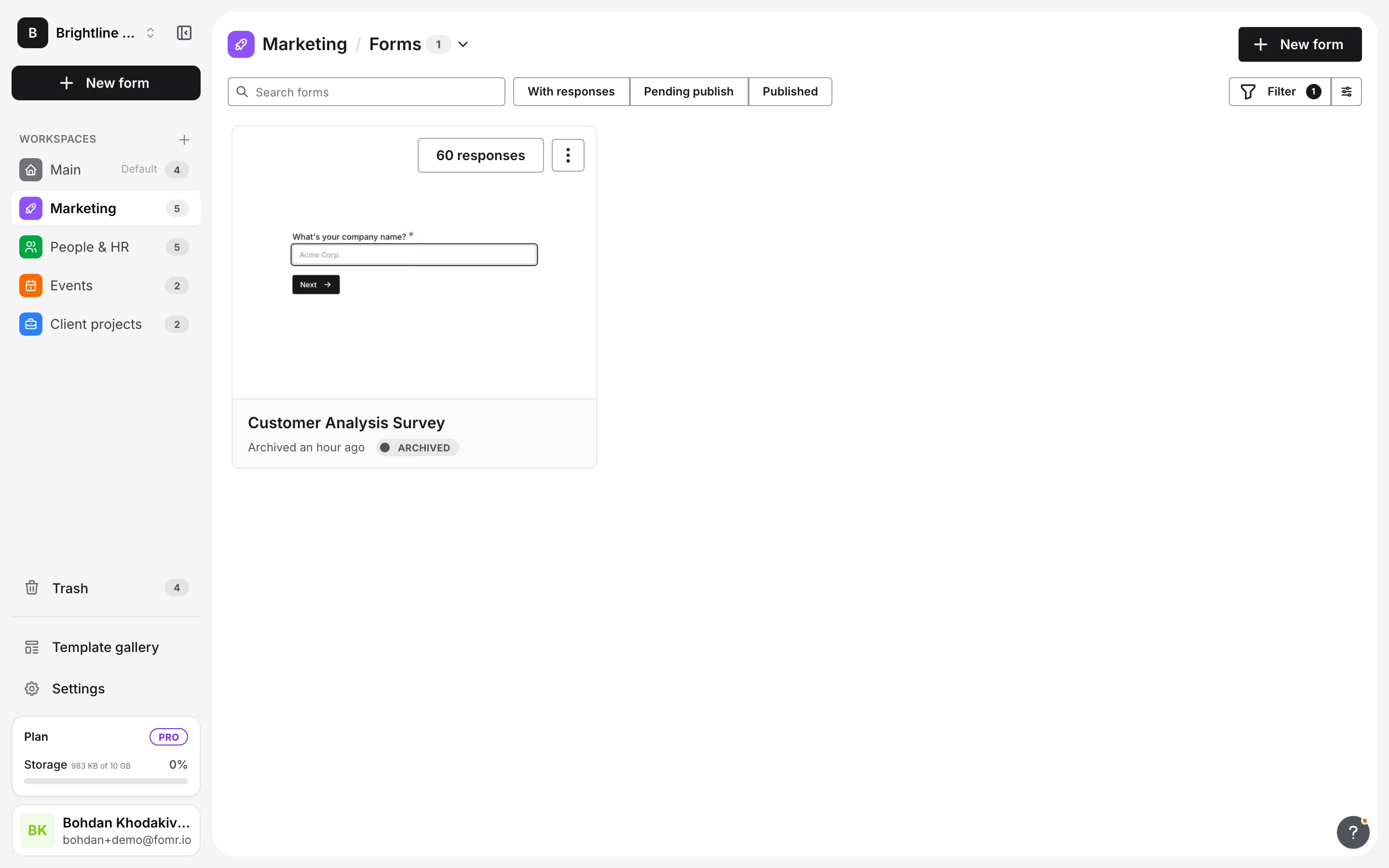 The workspace Forms list filtered to Status Archived