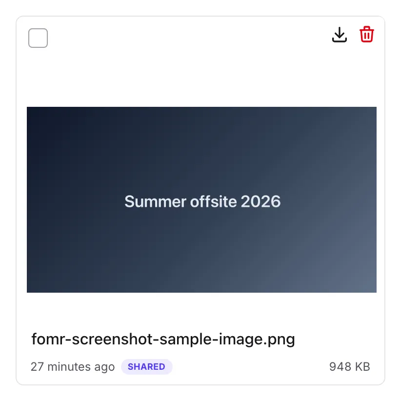 An asset card in a workspace's Assets list with the Shared badge, file size, and download and trash icons