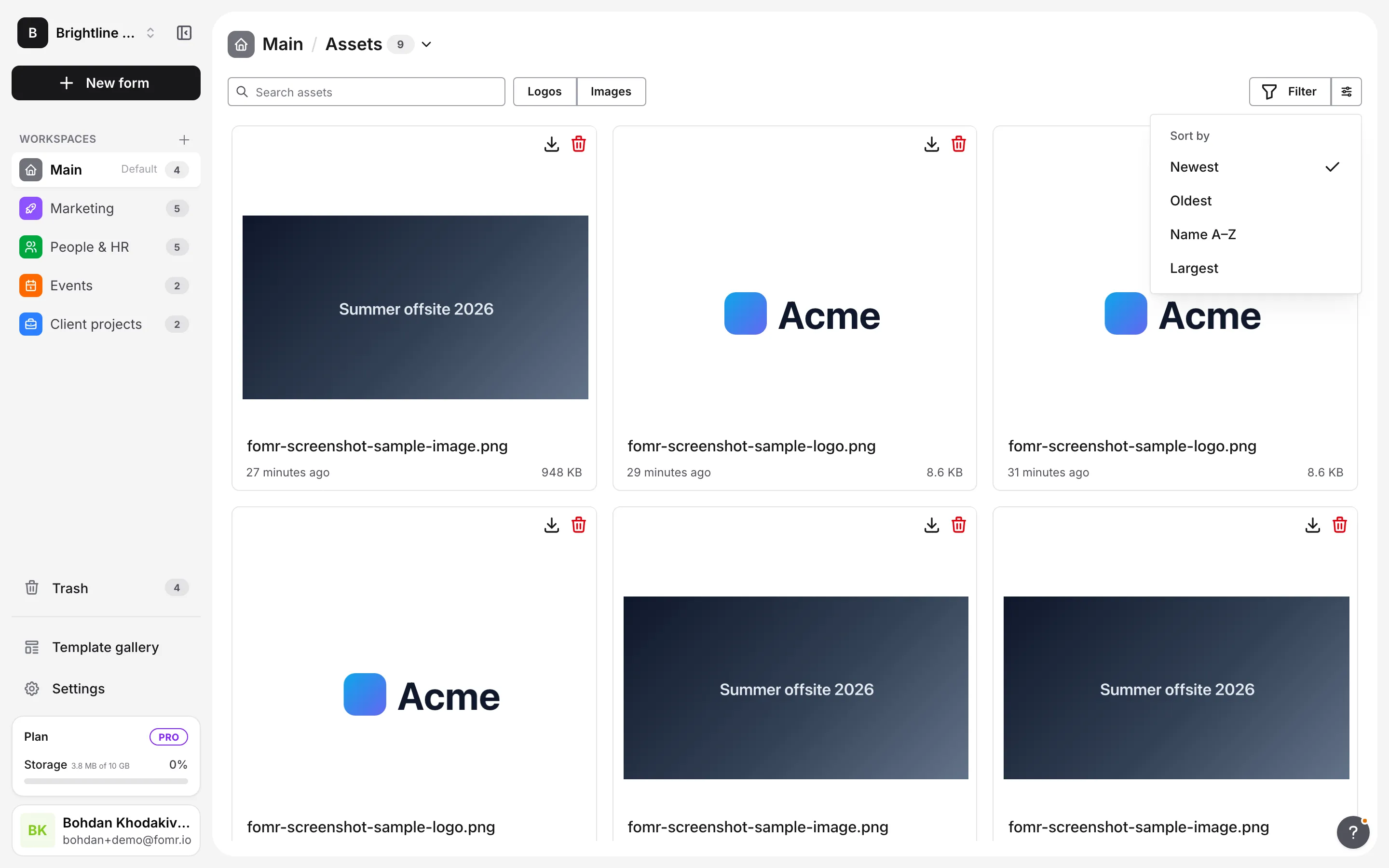 The asset library list with details
