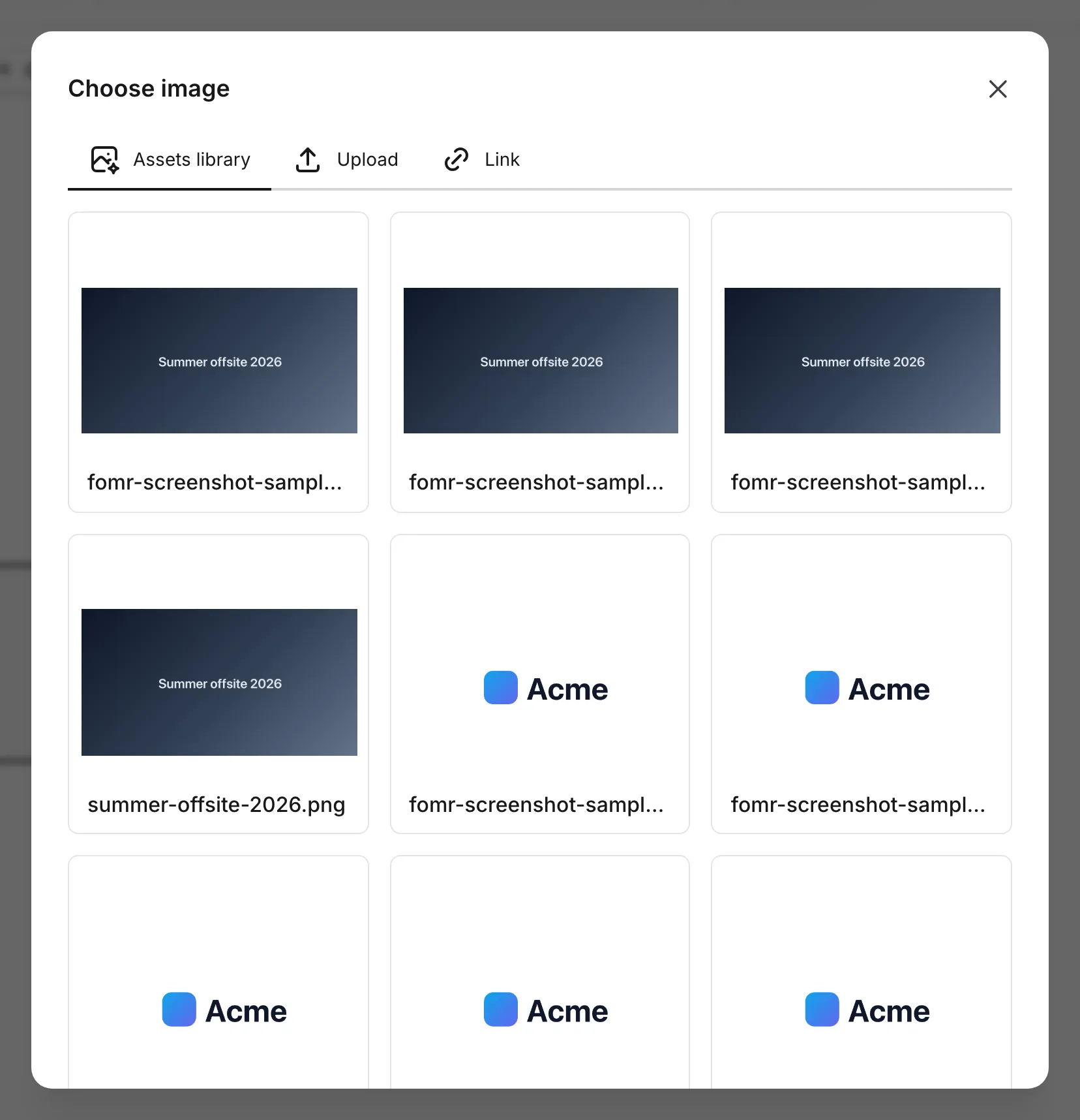 The asset picker when selecting an image in the form editor