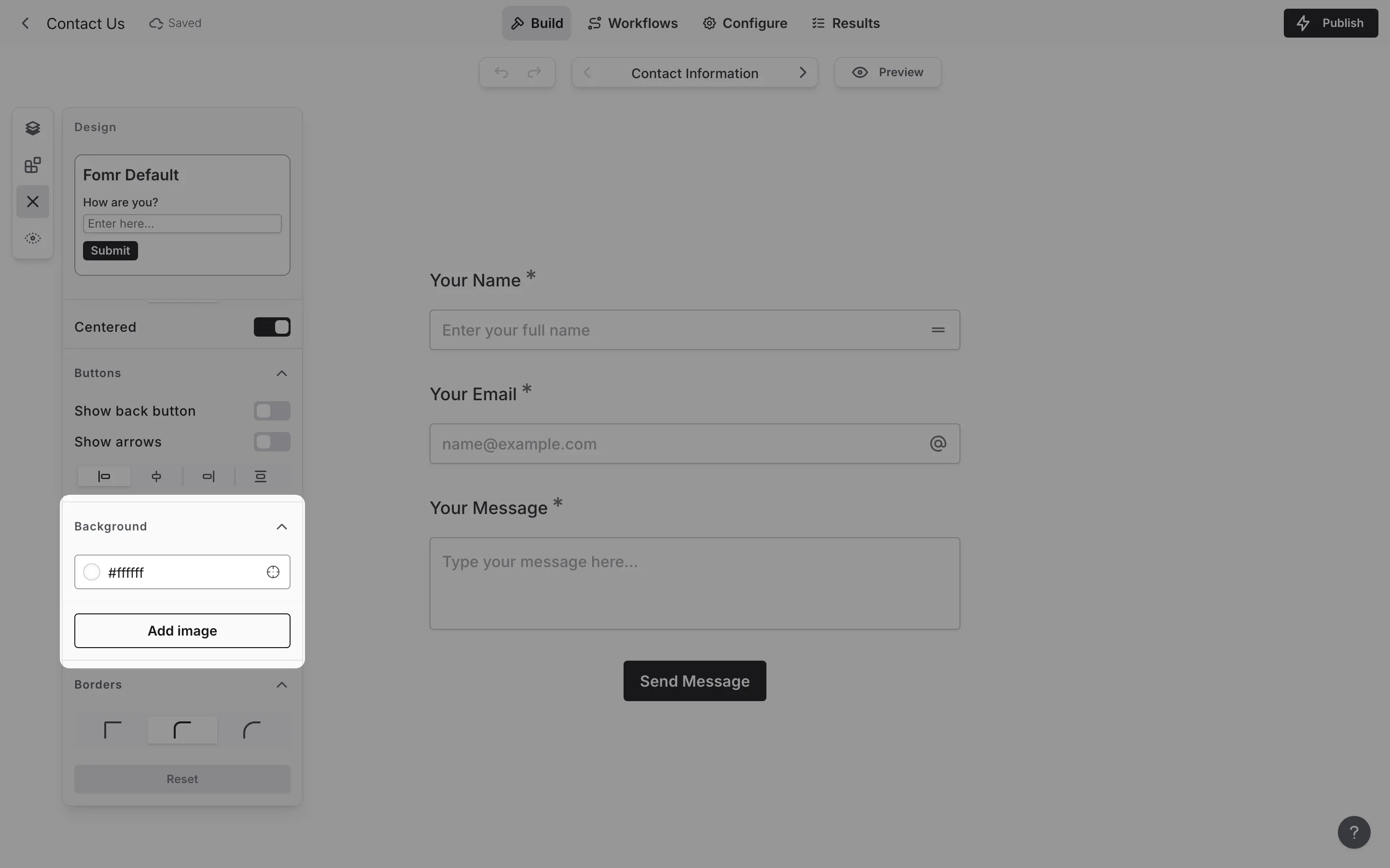 Background options including image upload and Unsplash