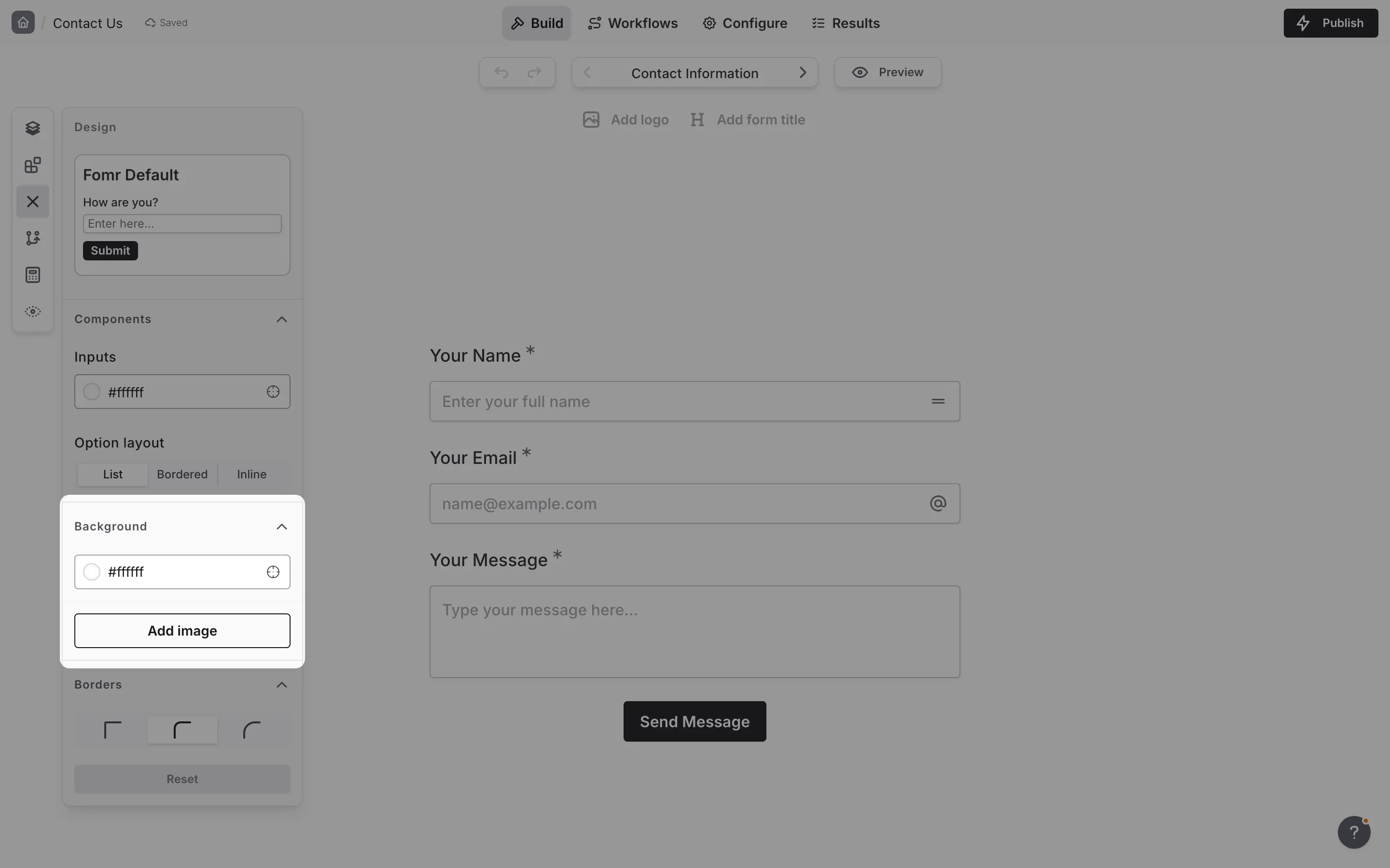 Background options including image upload and Unsplash