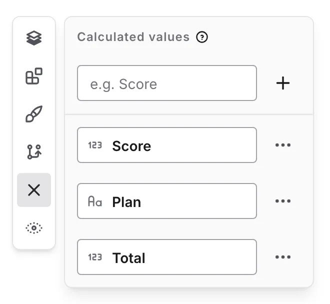 The Calculated values panel listing the Number values Score and Total and the Text value Plan, each with its type icon