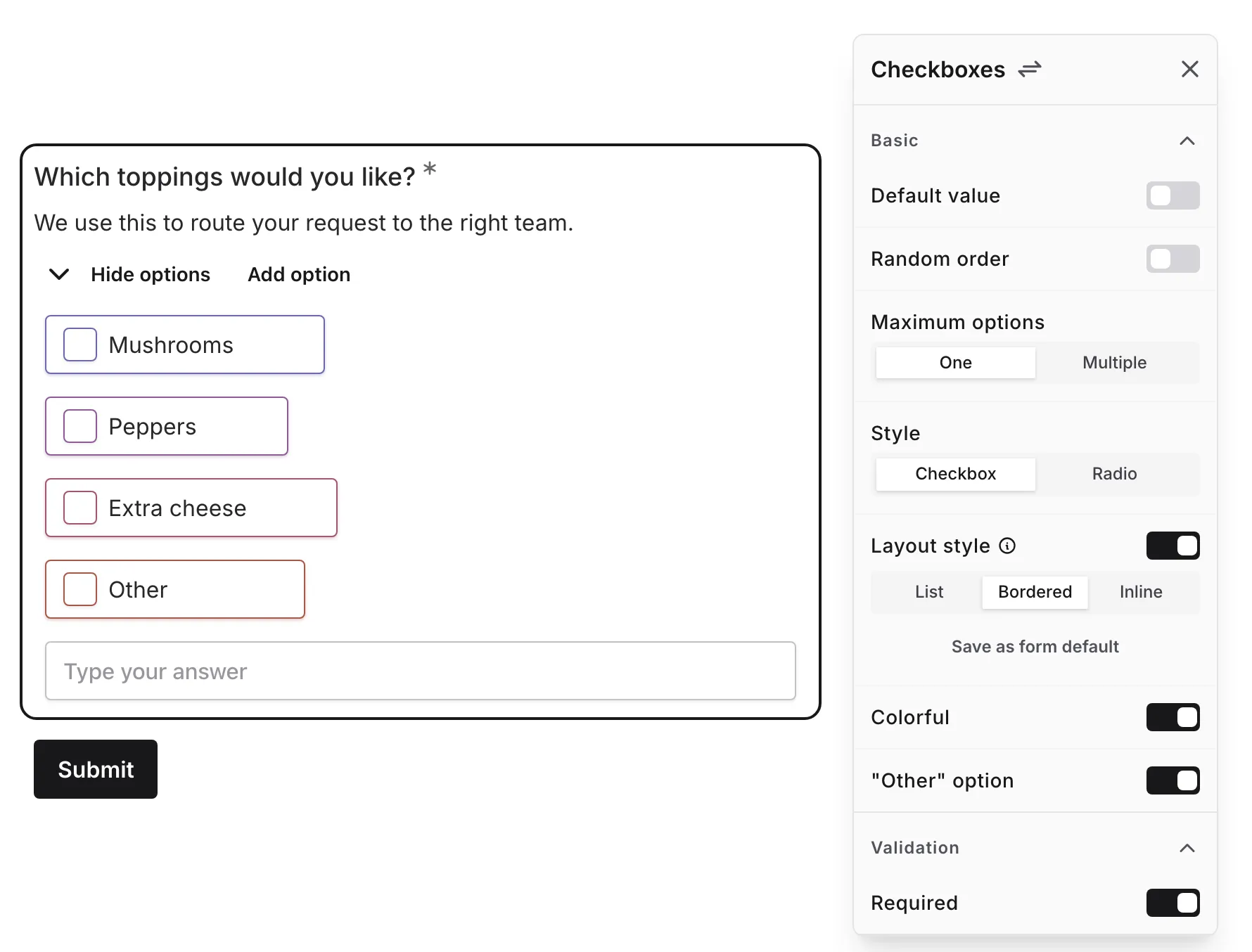 The Colorful setting enabled on a checkboxes question with the Bordered layout