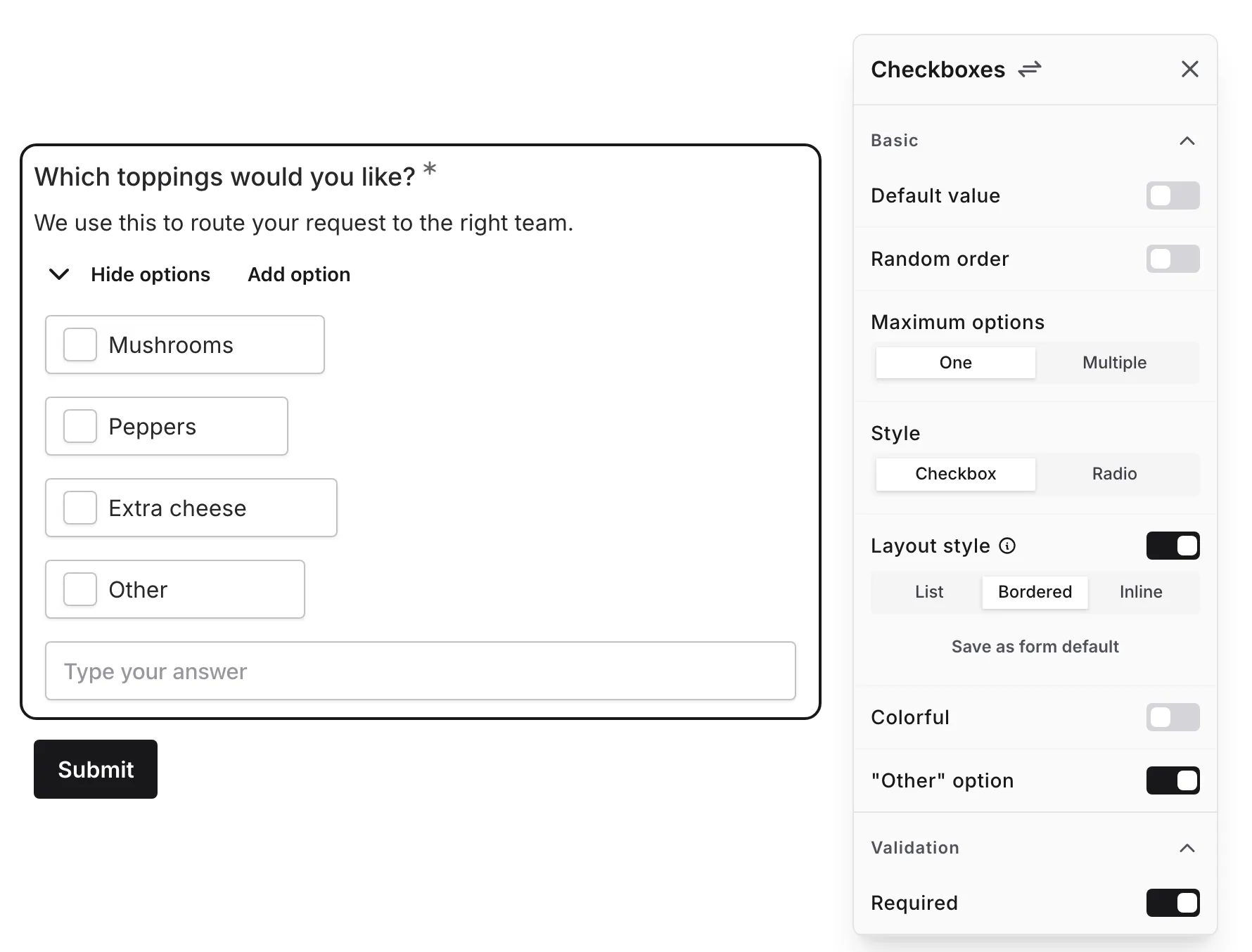 The Layout style setting enabled with the List, Bordered, and Inline options
