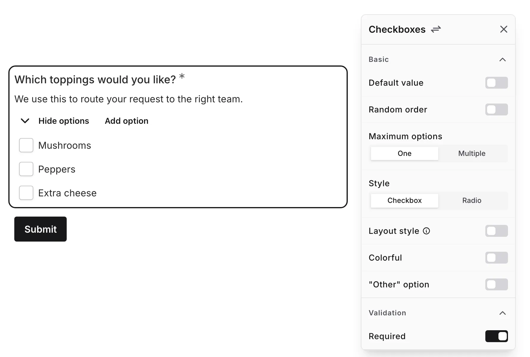 The options list being edited