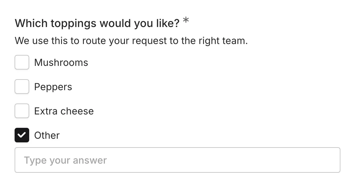 A checkboxes question with the "Other" option checked and the text input visible below the question