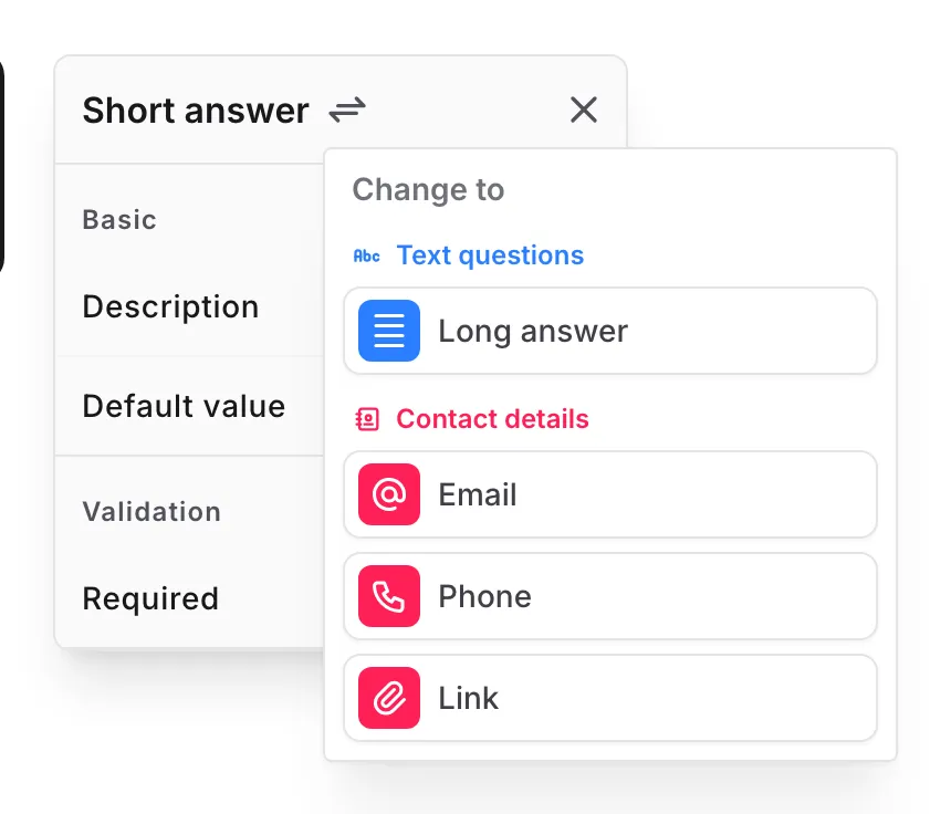 The component type switcher open in the settings panel