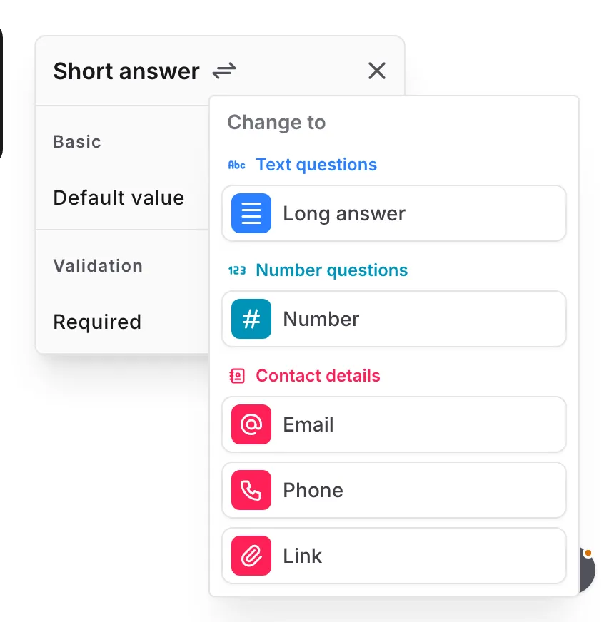 The component type switcher open in the settings panel