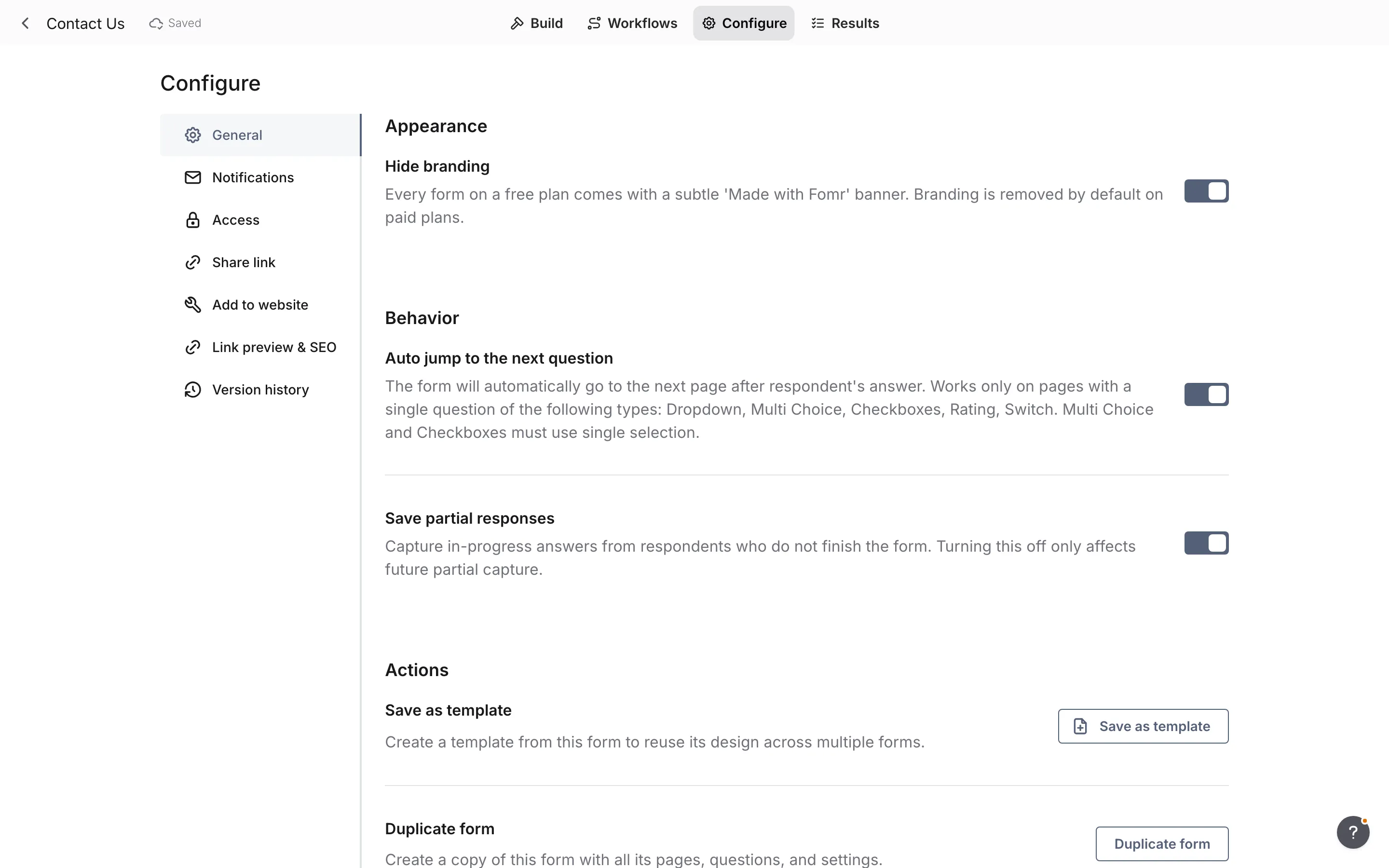 The Configure tab with the General settings