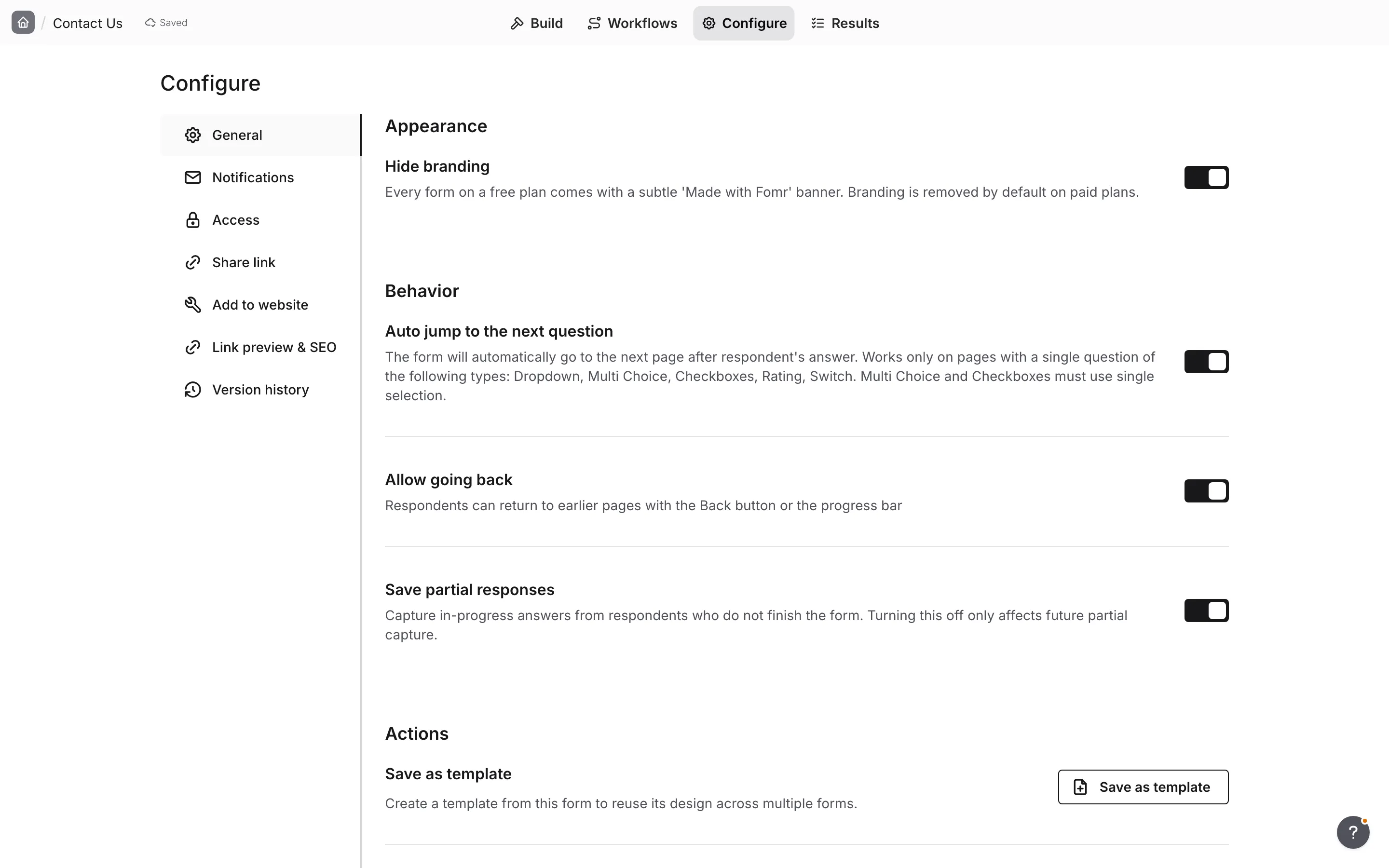 The Configure tab with the General settings