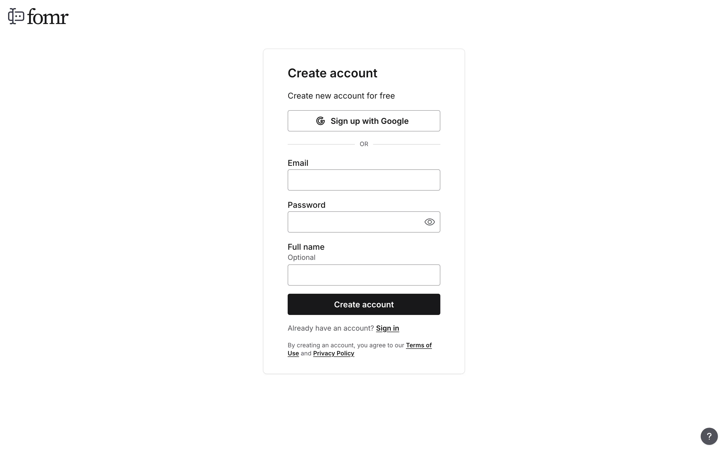 The Fomr sign-up page with the email and password fields