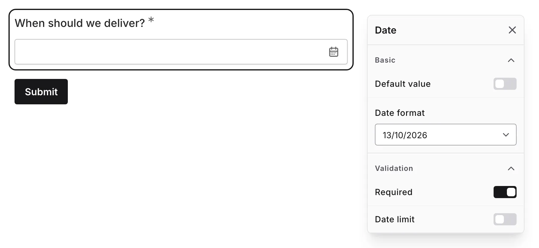 The Default value section expanded in a selected question's Basic settings