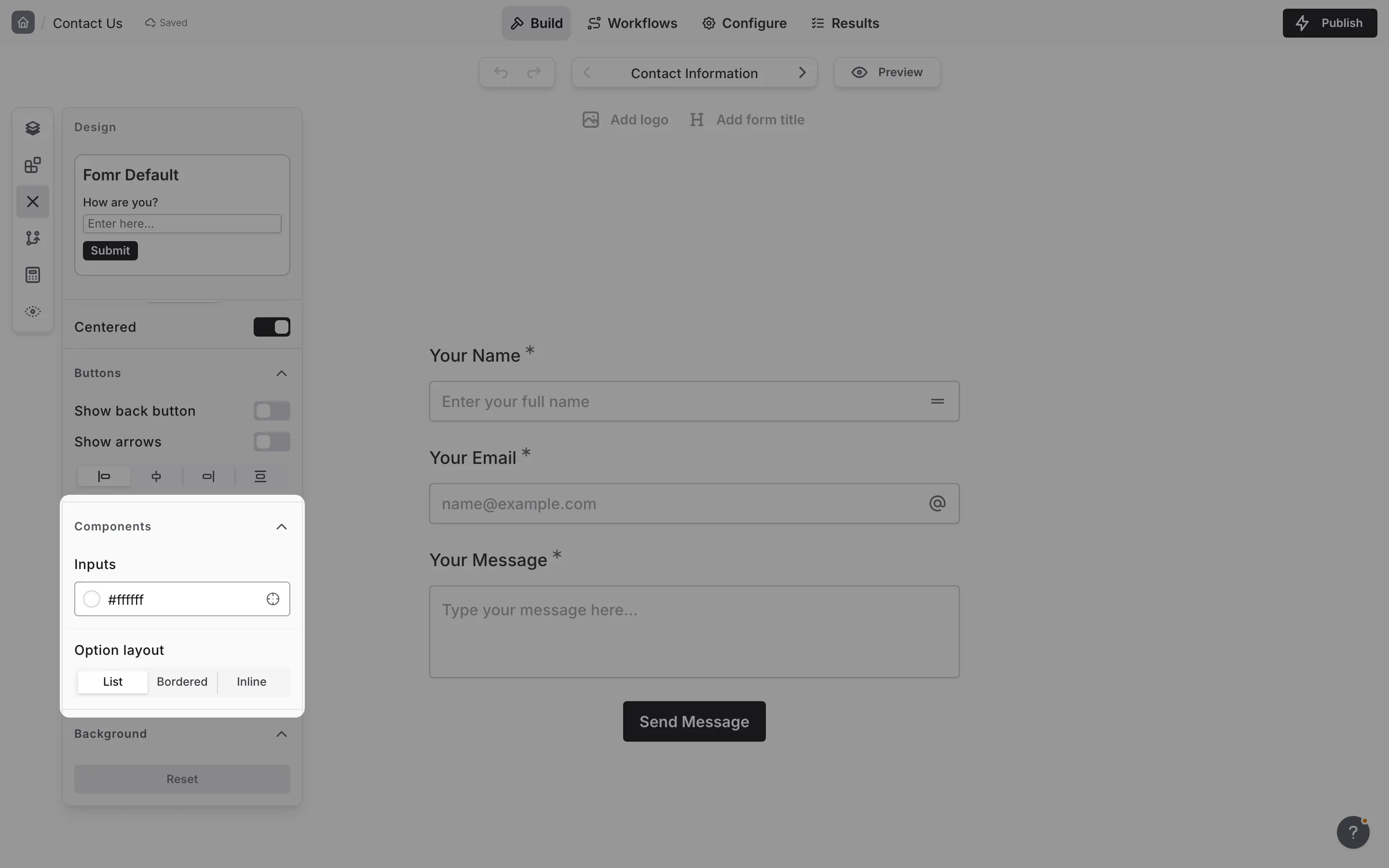 The Components group in the Design panel with the Inputs color picker and the Option layout control