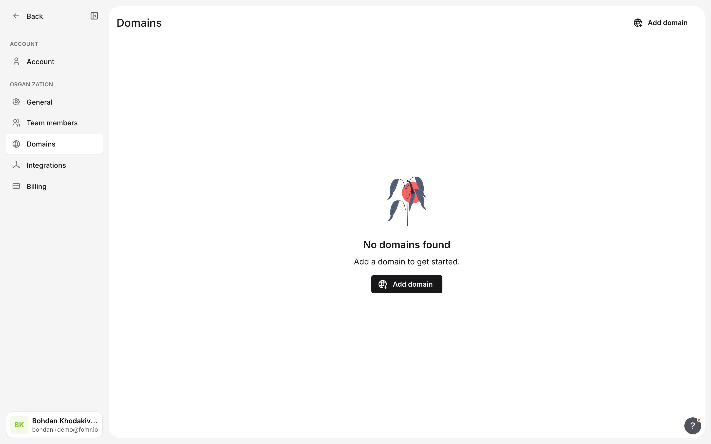 The Domains page in Settings
