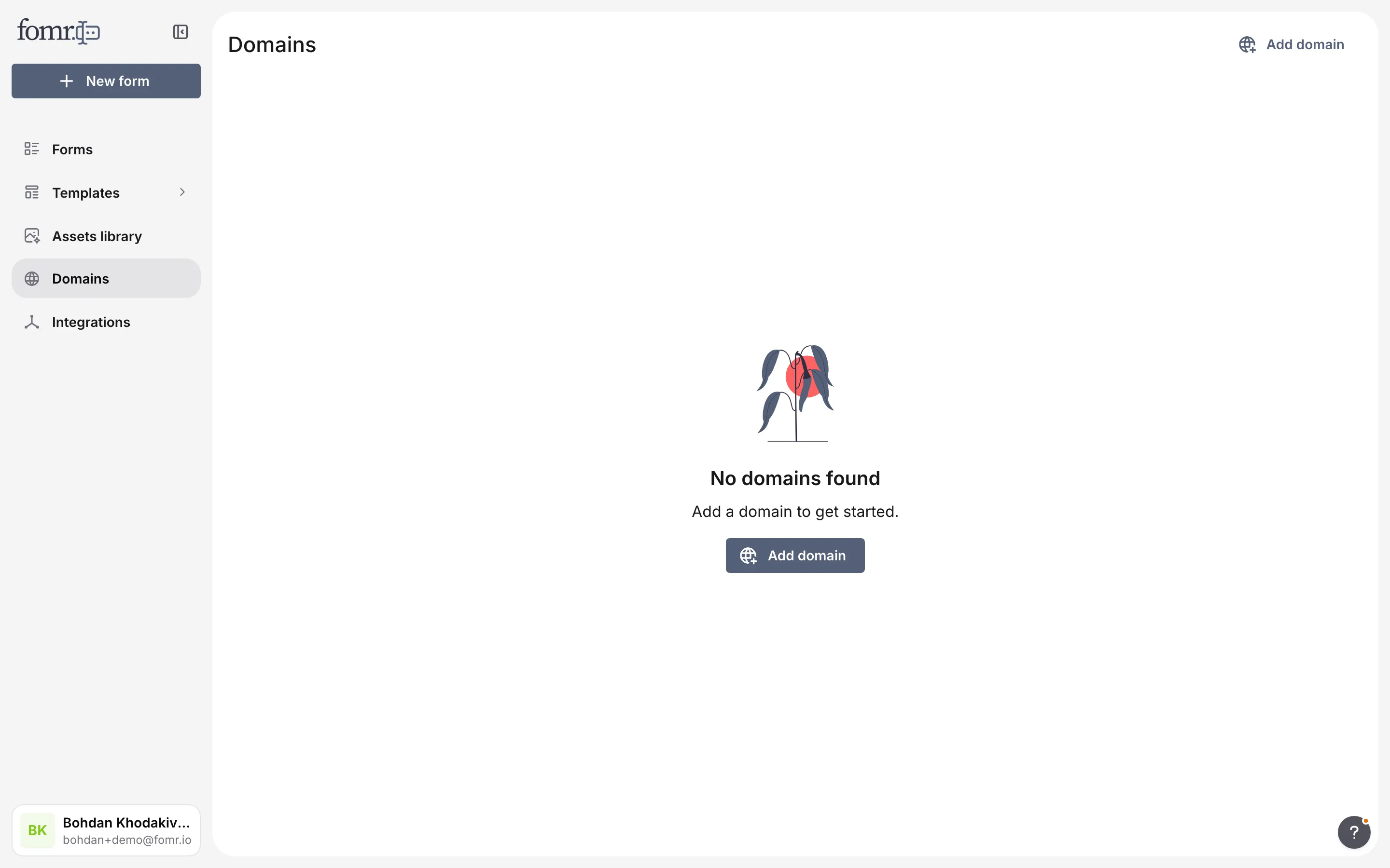 The Domains page in the dashboard