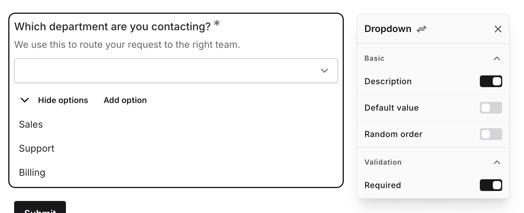 The options list being edited