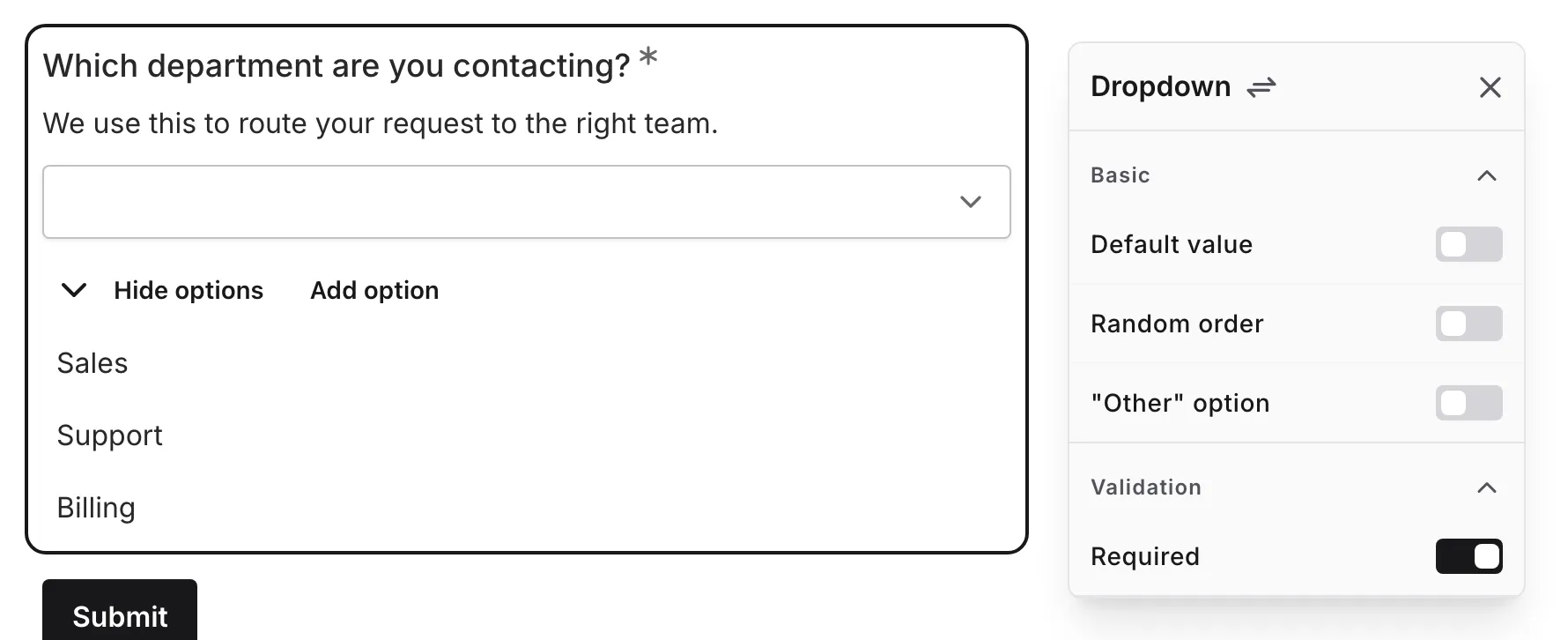 The options list being edited