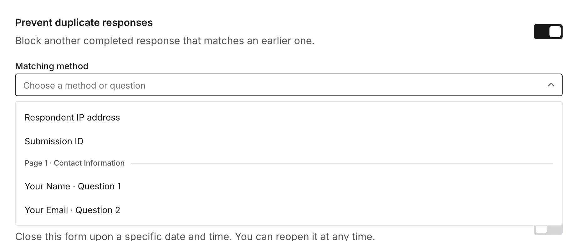 Matching methods and questions in the Matching method menu