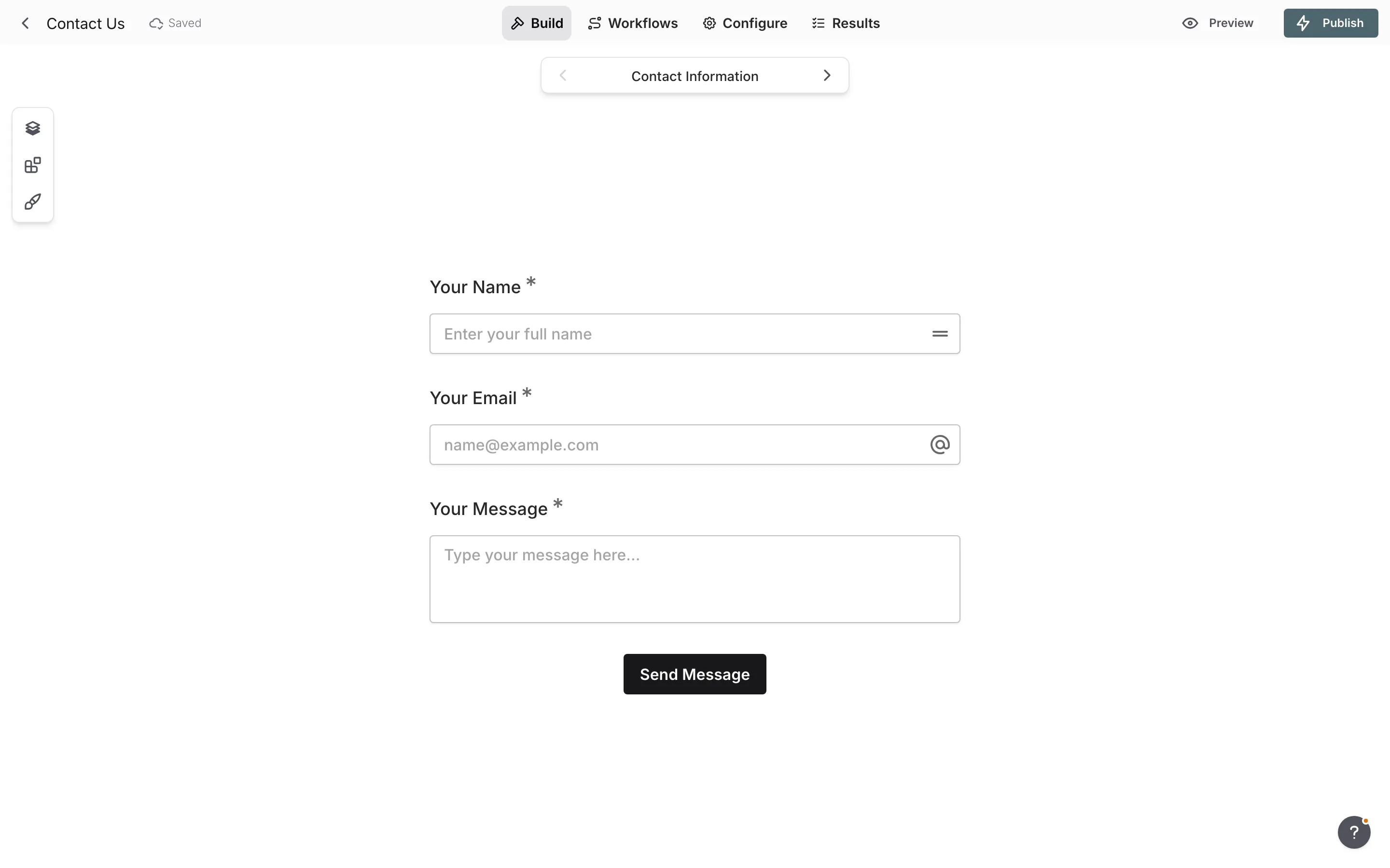 The form editor showing the Design panel and the Build, Configure, and Results tabs