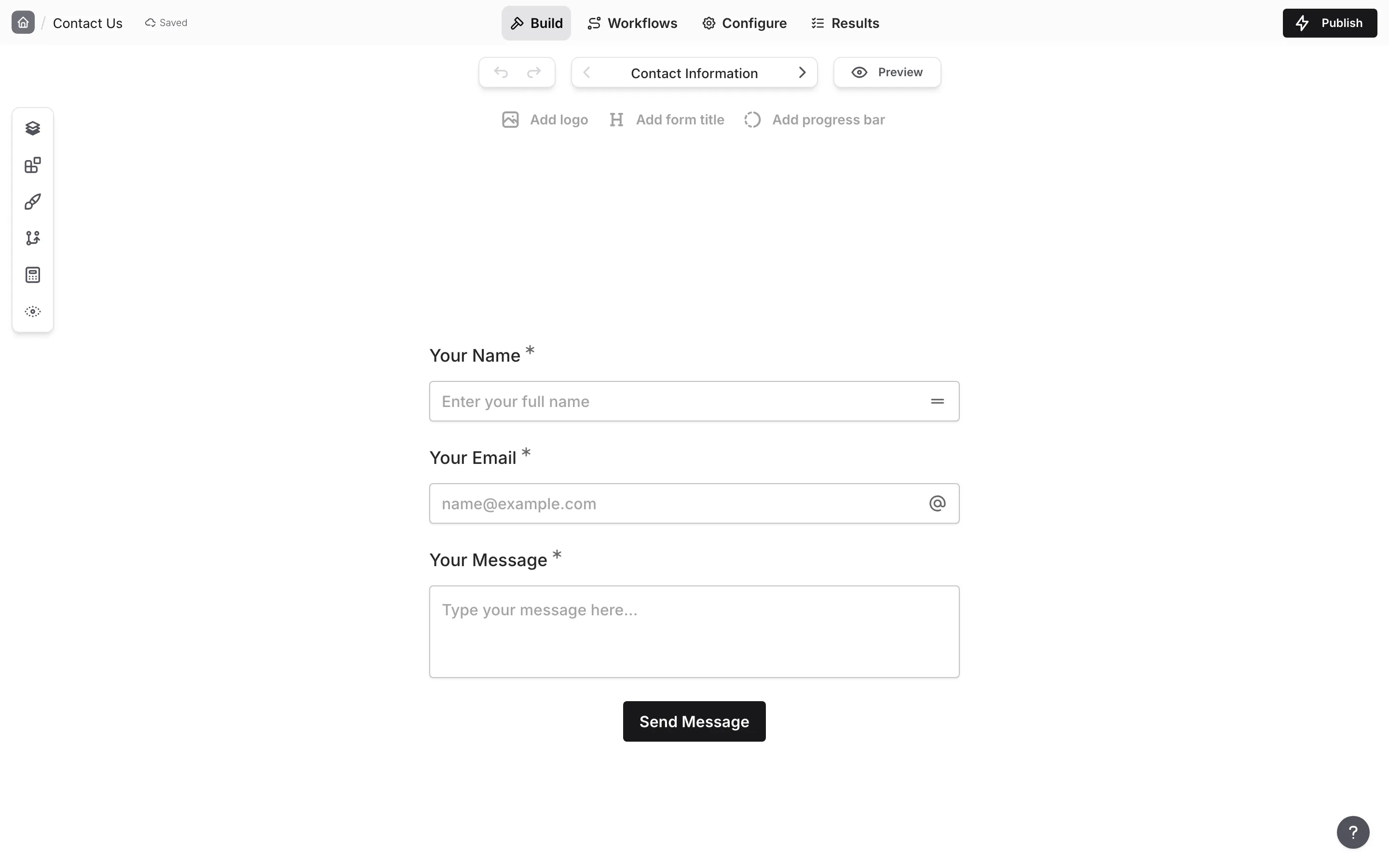 The form editor with the Build, Workflows, Configure, and Results tabs