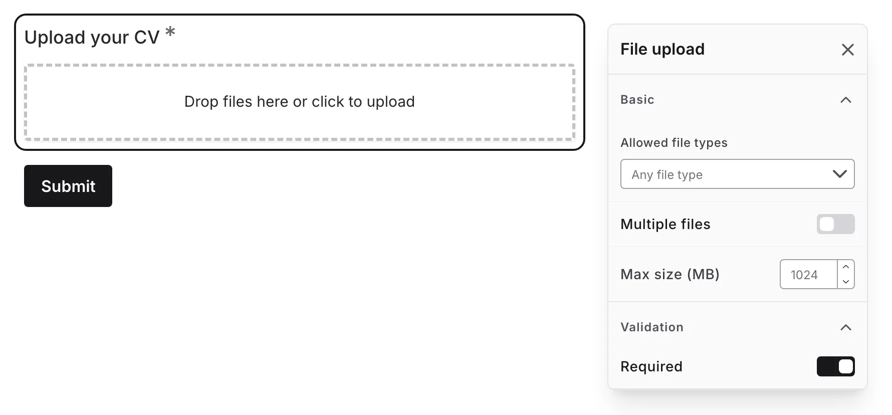 The File Upload component with its settings panel open