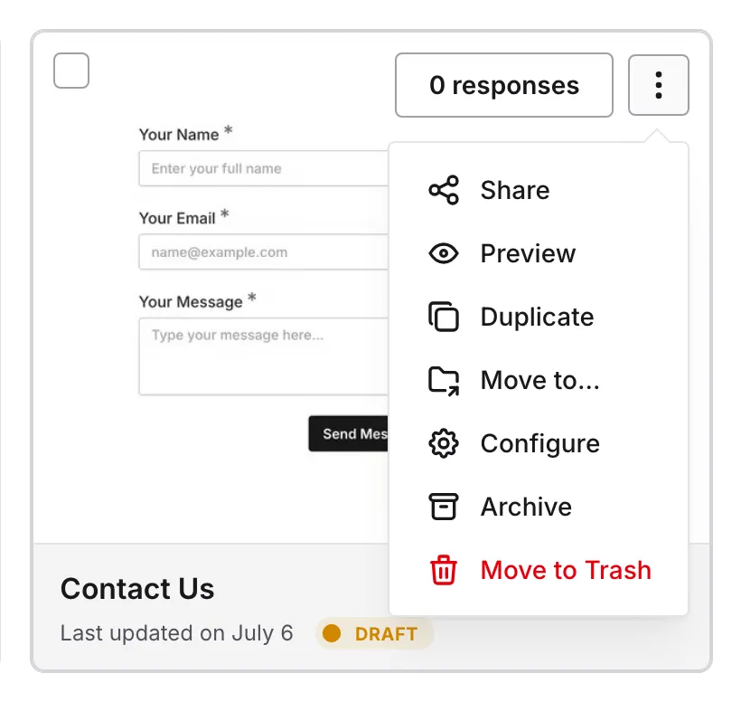 The open … menu on a form card in a workspace's Forms list with Duplicate highlighted