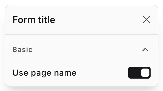 The form title settings popup with the Use page name toggle