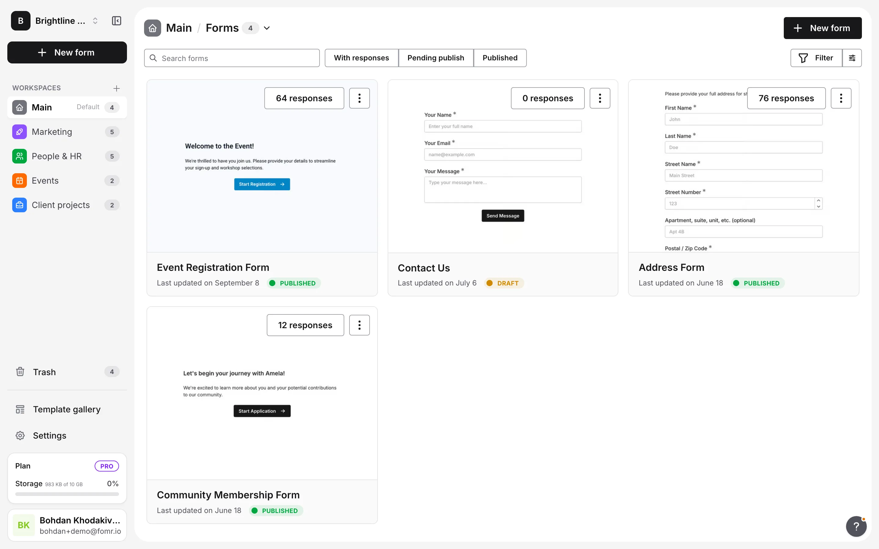 A workspace's Forms page with the New form button