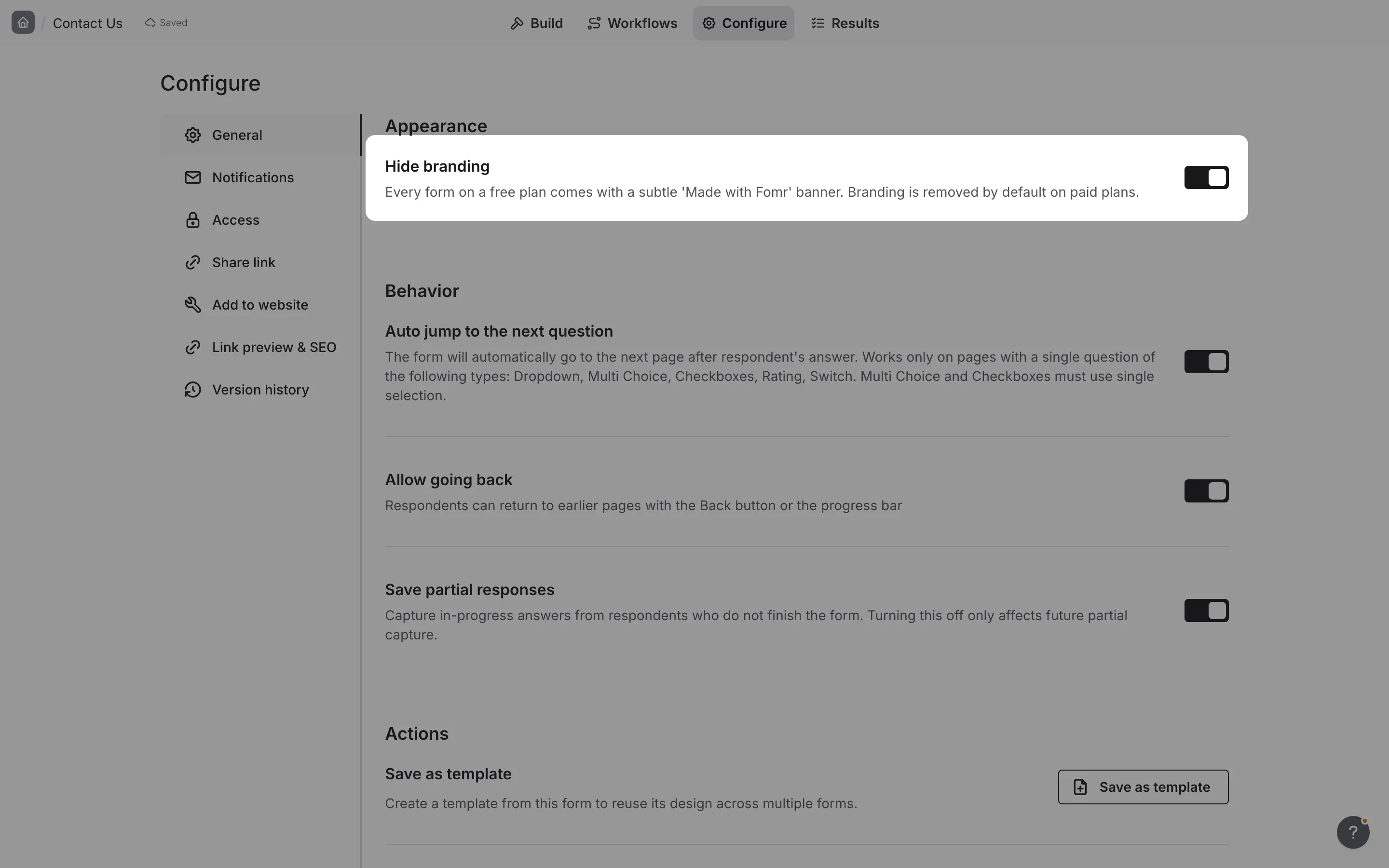 The hide branding toggle in settings panel