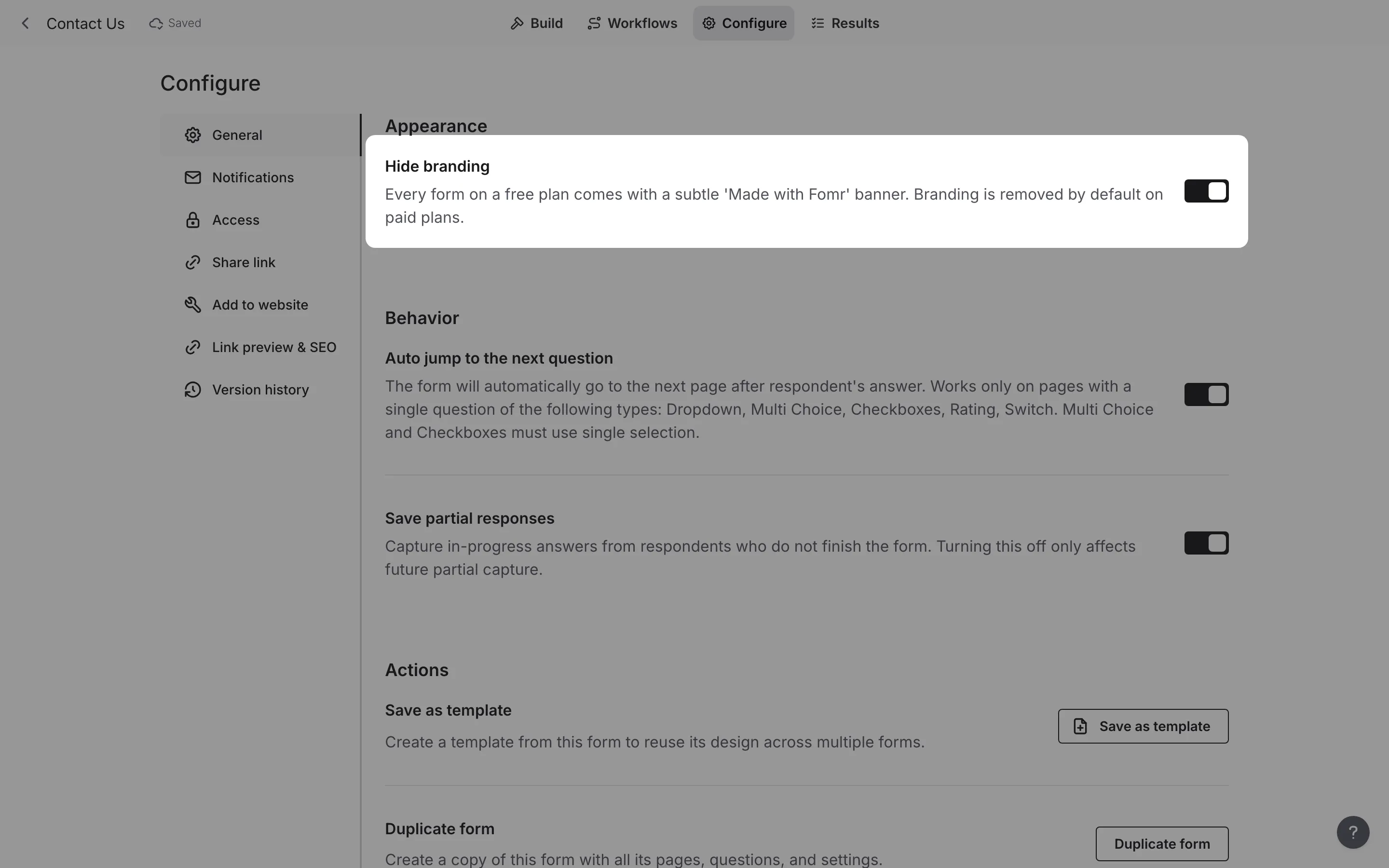 The hide branding toggle in settings panel