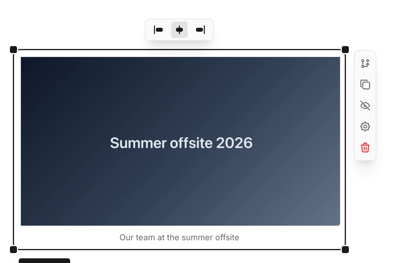 A selected image with the alignment bubble and its left, center, and right buttons above it