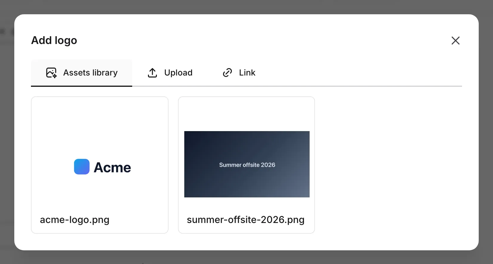 The background image picker in the editor with the Assets library, Upload, Link, and Unsplash tabs