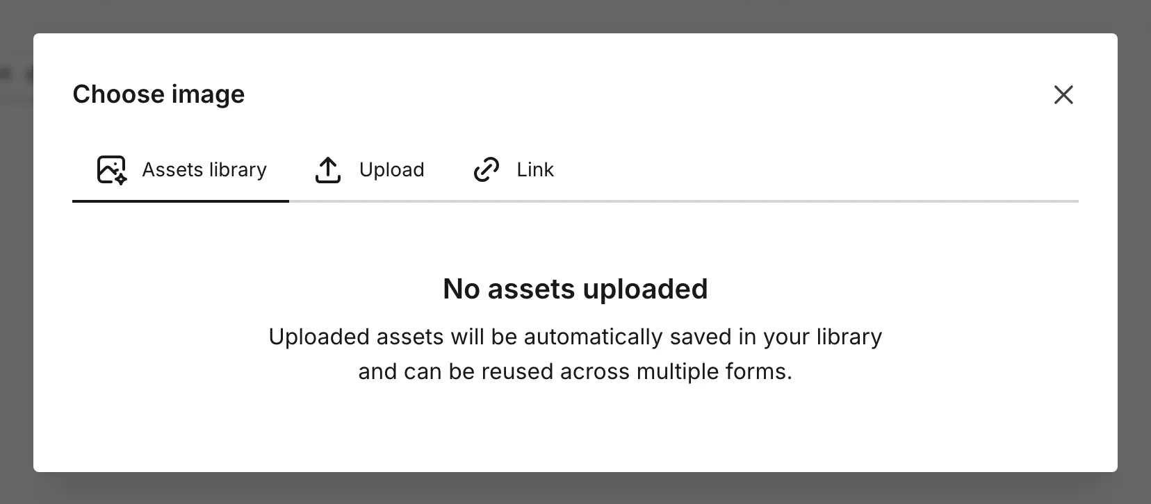 The Image source picker with Assets, Upload, and Link tabs
