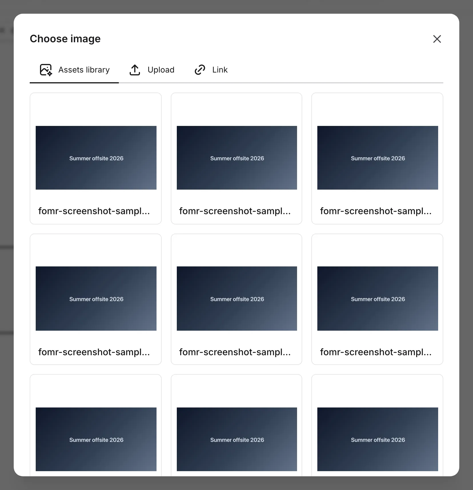 The Image source picker with Assets, Upload, and Link tabs