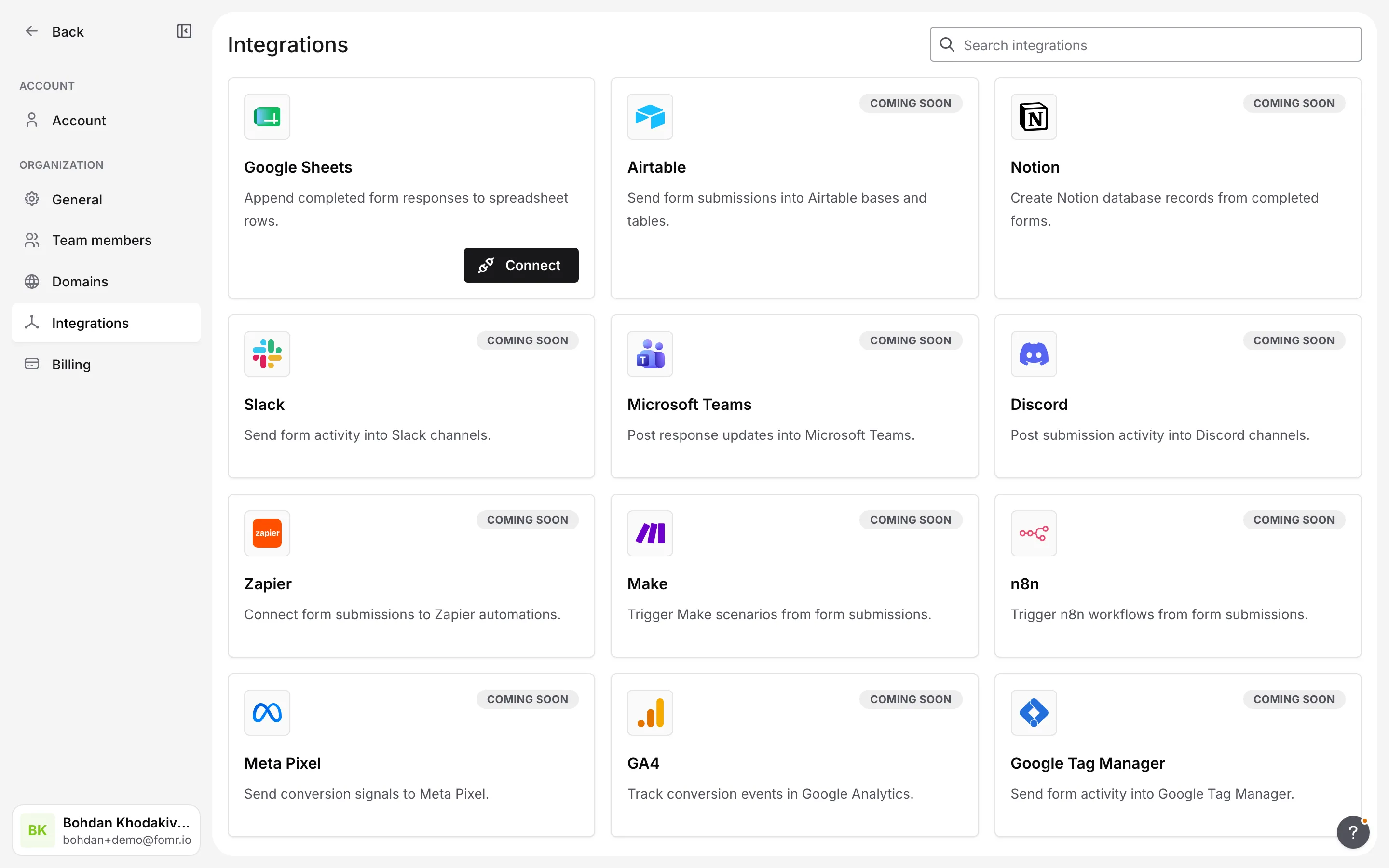 The Integrations page