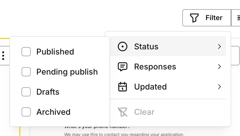 The Filter menu open on the Status checkboxes