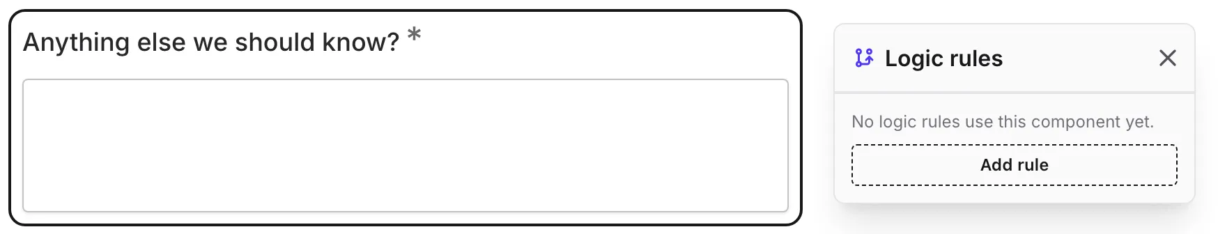 A selected question whose Logic rules popup has no rules yet, with an Add rule button