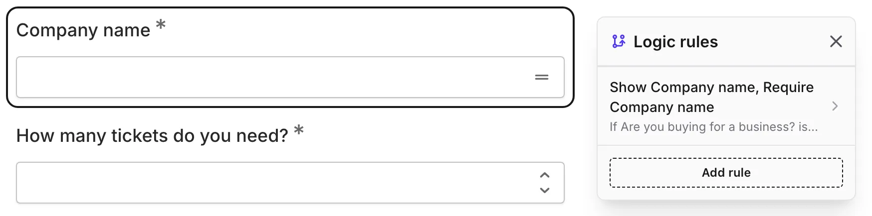 A selected question with the logic icon open, listing the rules that use it