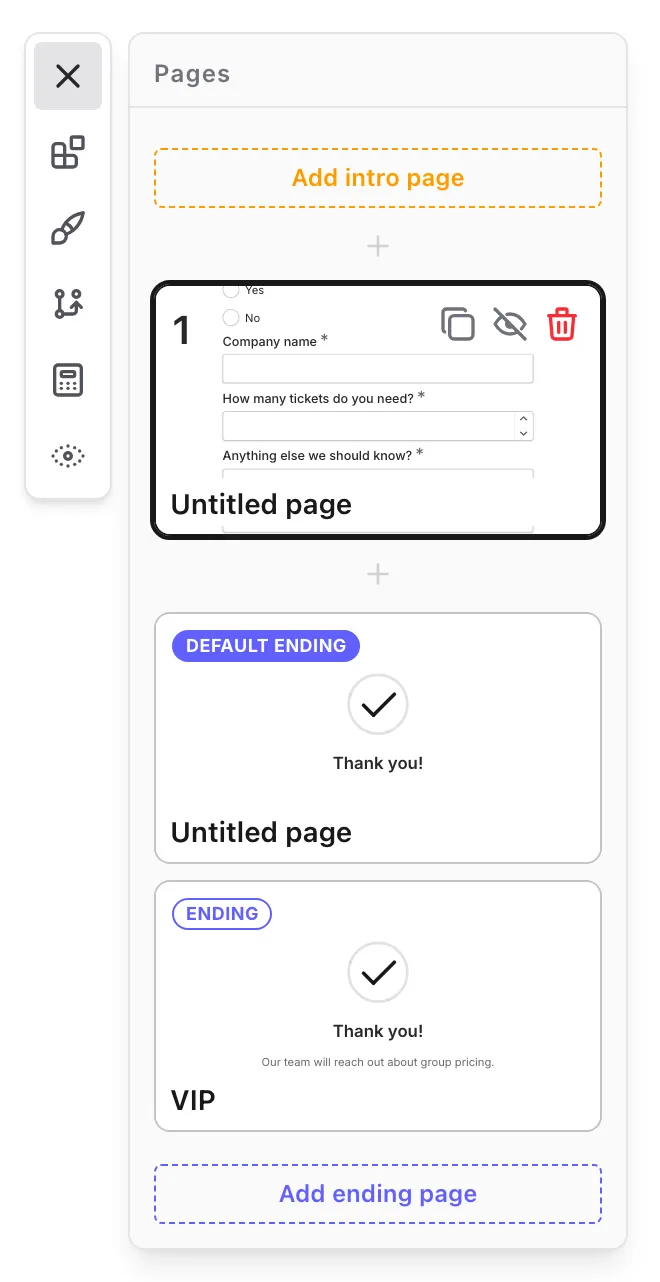 The Pages panel with the Default ending, a second ending, and the Add ending page button