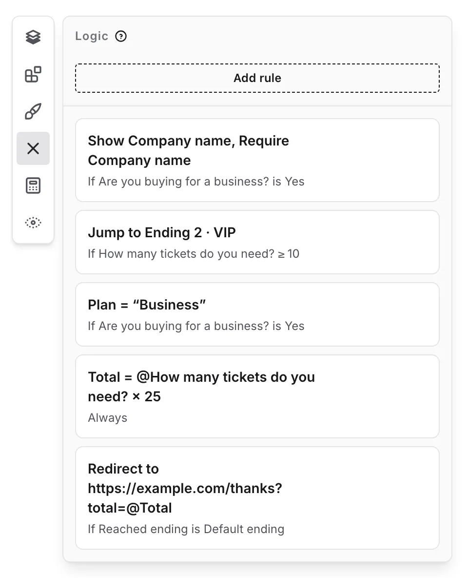 The Logic panel listing five rules, from showing a question to redirecting after the Default ending