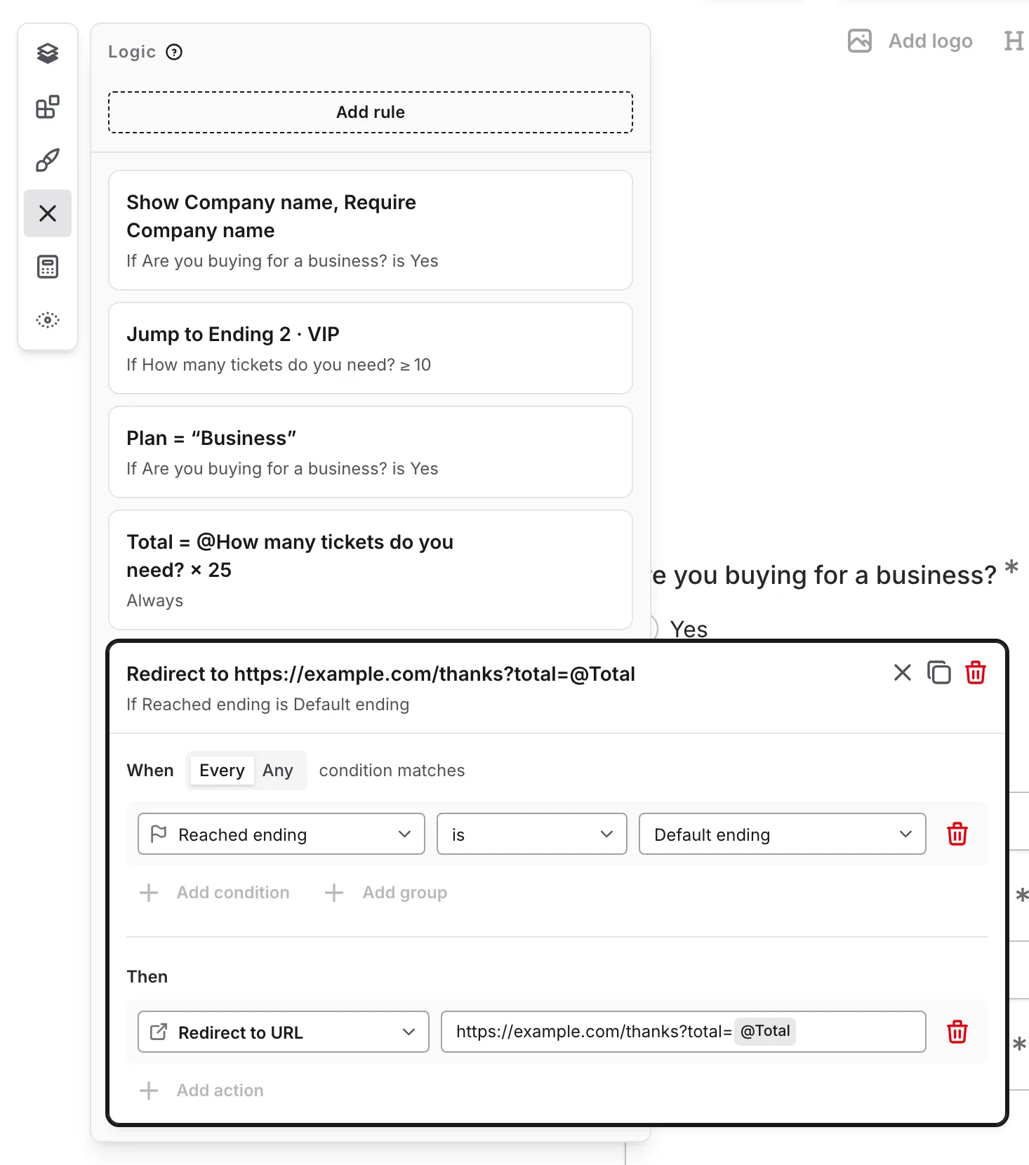 A rule open in the Logic panel that redirects respondents who reach the Default ending to https://example.com/thanks?total=@Total