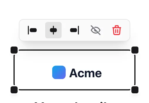 The logo selected on the canvas with its bubble menu and resize handles on its four corners