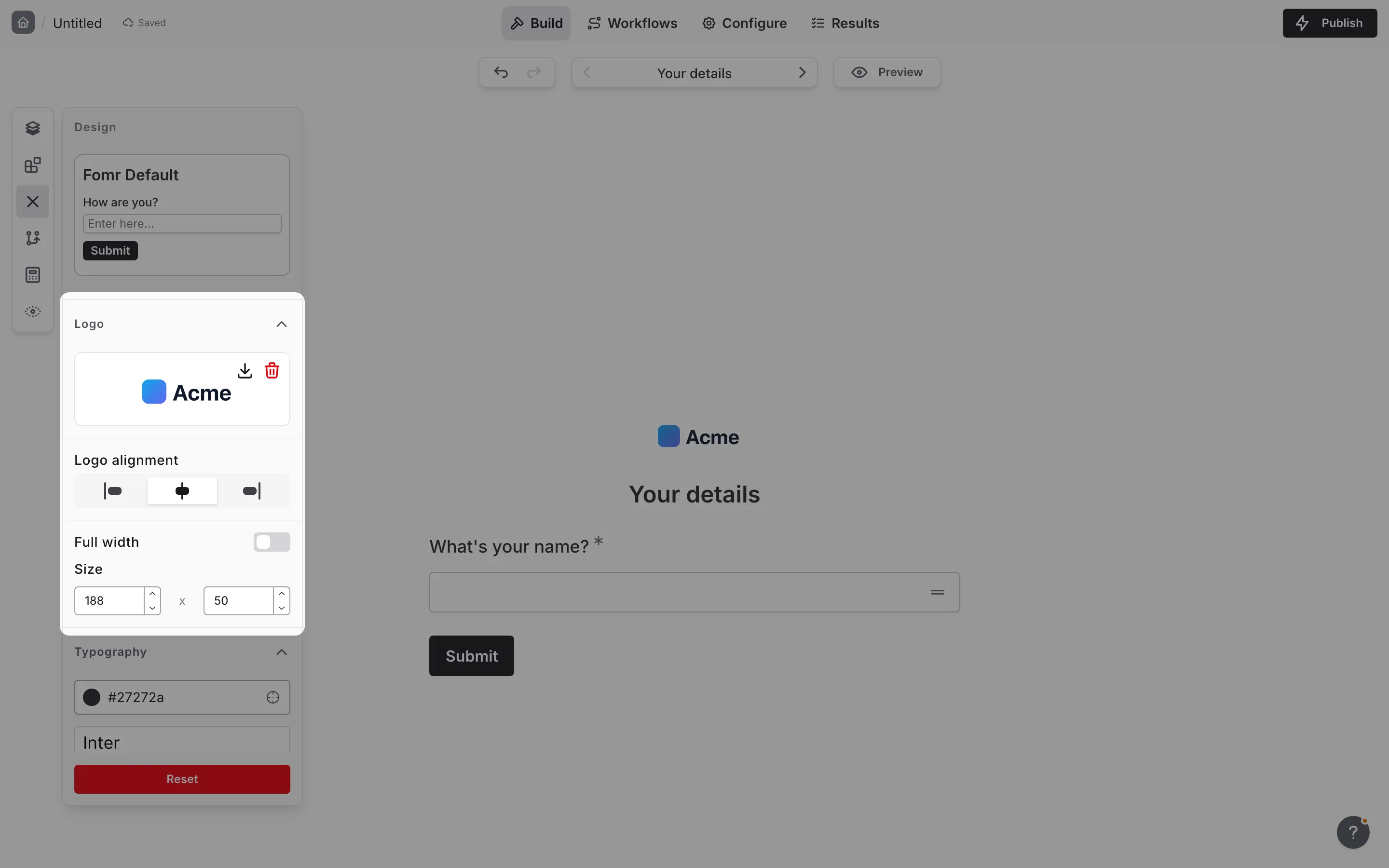 The Logo section of the Design panel with alignment, Full width, and Size settings